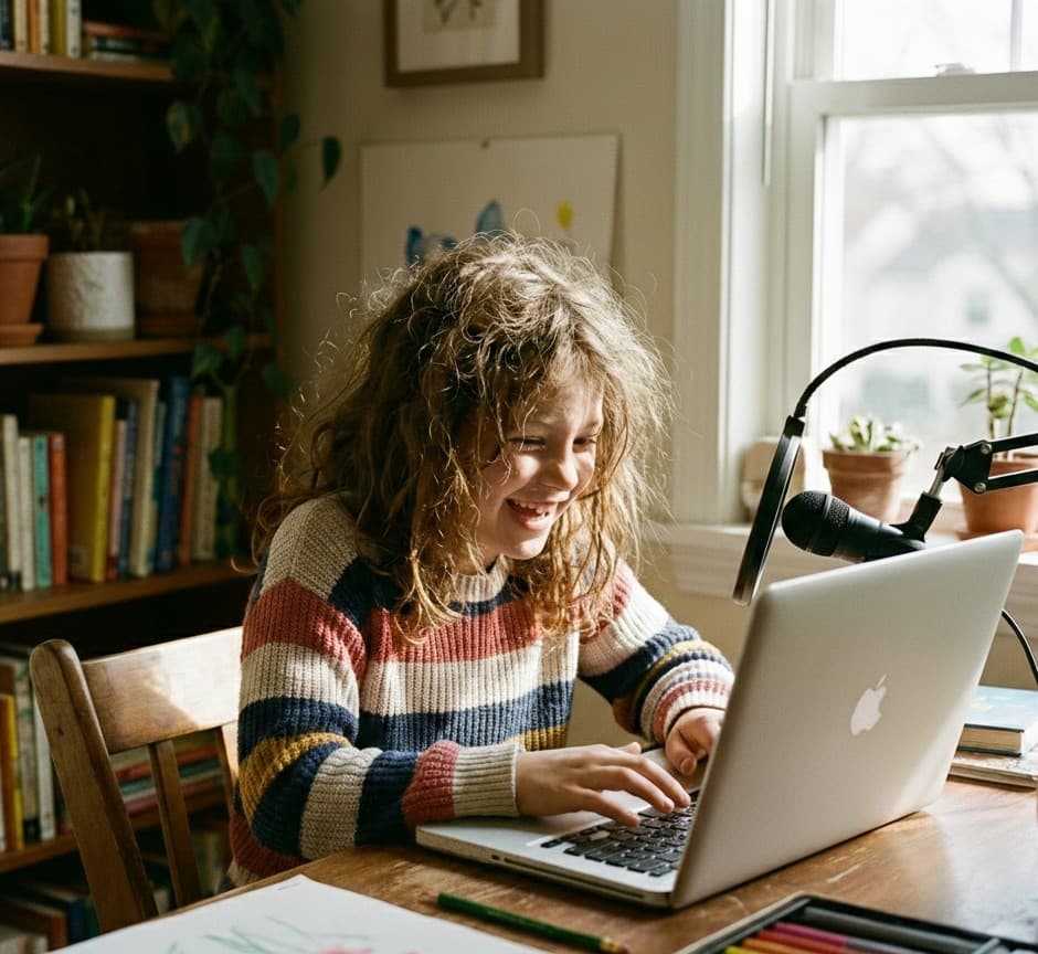 A child smiling while creating content on a laptop with a podcast microphone, surrounded by art supplies and books